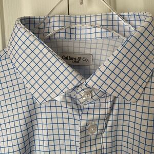 Collars & Co Polo Shirt L Blue White Check Short Sleeve Semi Spread Lightweight